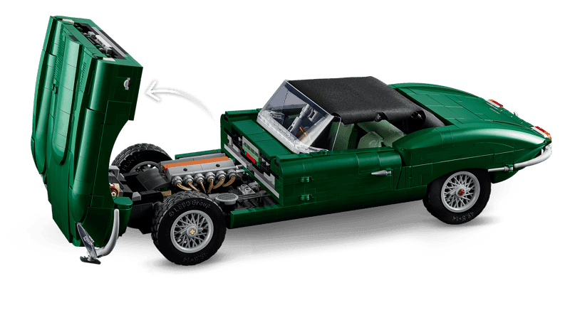 LEGO Jaguar E-Type 11381 con puertas, capó y maletero abiertos