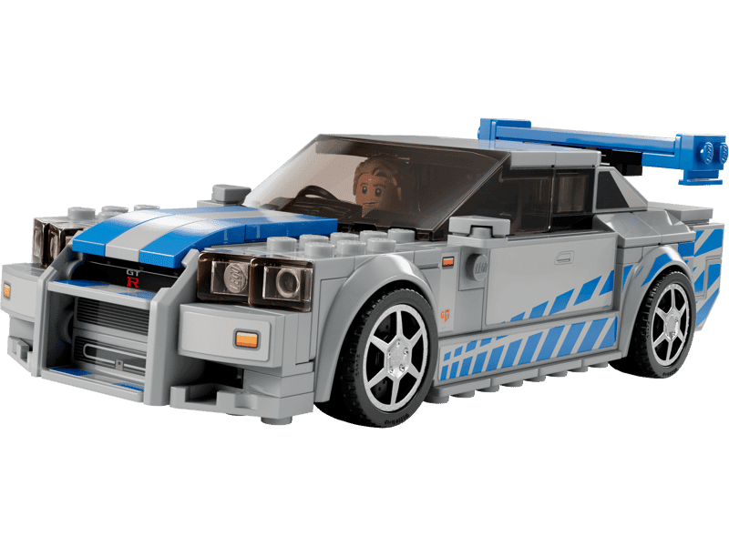 Vista lateral del LEGO Nissan Skyline GT-R R34 76917 con sus franjas azules