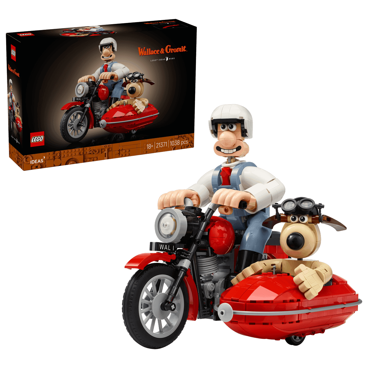 Caja del LEGO Ideas Wallace & Gromit 21371 junto al modelo construido