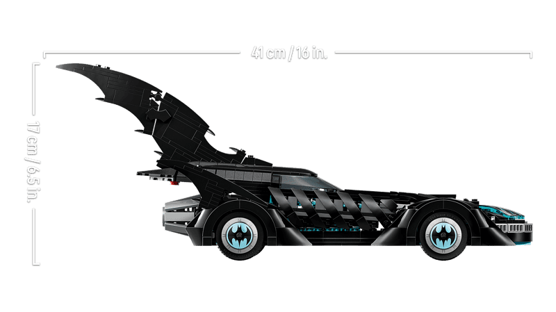 Vista lateral y dimensiones del LEGO 76304 Batmóvil de Batman Forever