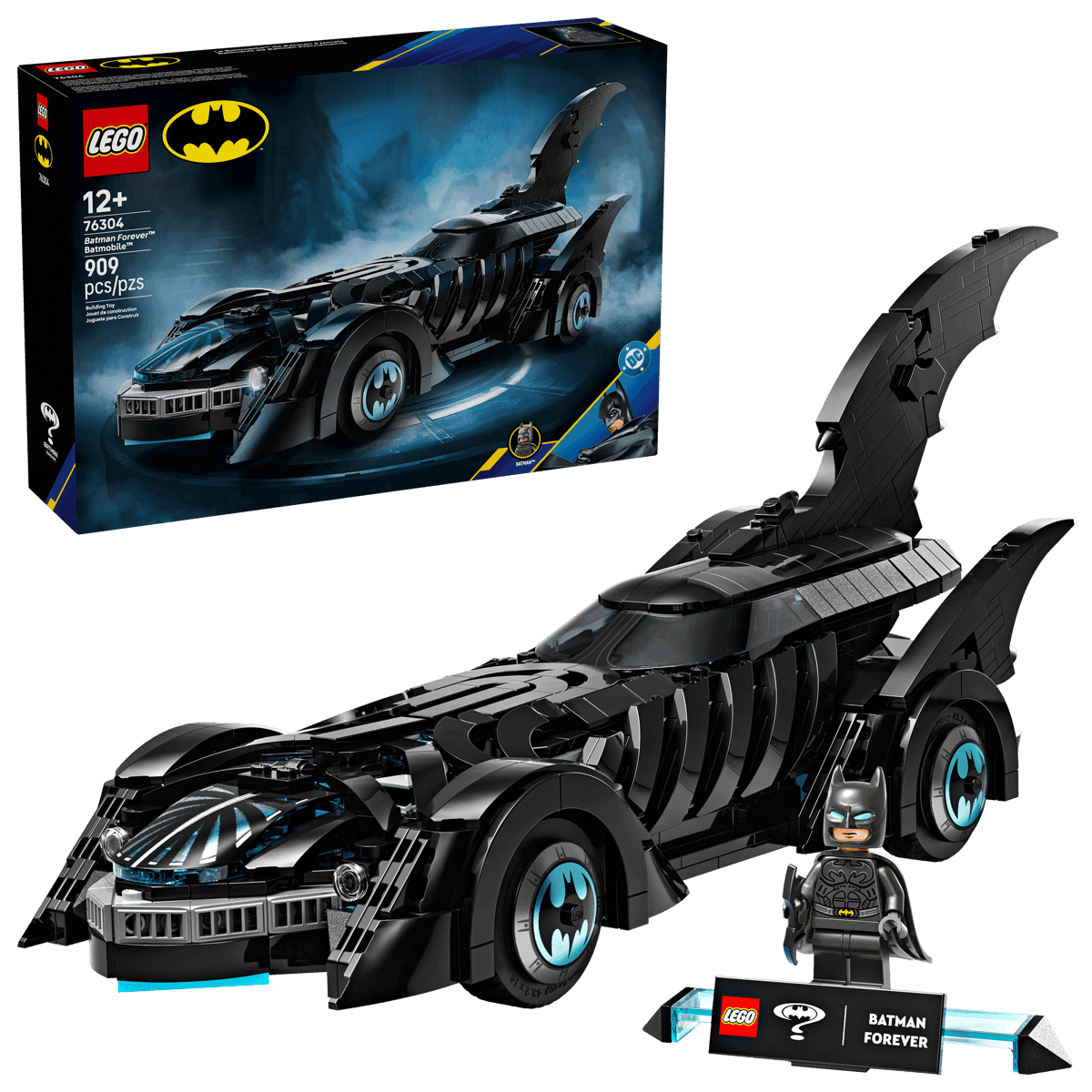 Caja y modelo del LEGO 76304 Batmóvil de Batman Forever