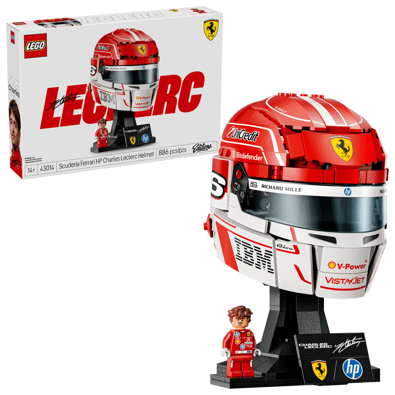 Cascos LEGO Ferrari F1 2026: Charles Leclerc 43014 con caja, minifigura y soporte
