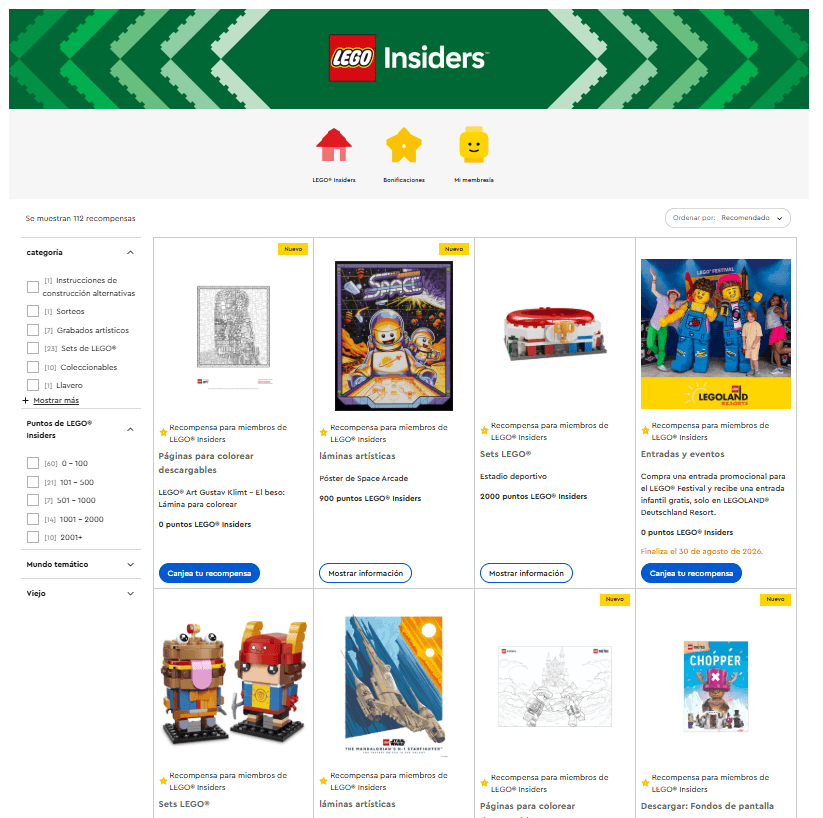 Centro de Recompensas LEGO Insiders con varias recompensas físicas disponibles