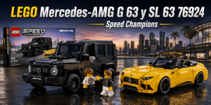 Imagen principal del LEGO Mercedes-AMG G 63 y Mercedes-AMG SL 63 76924 de Speed Champions con el todoterreno negro y el descapotable amarillo.