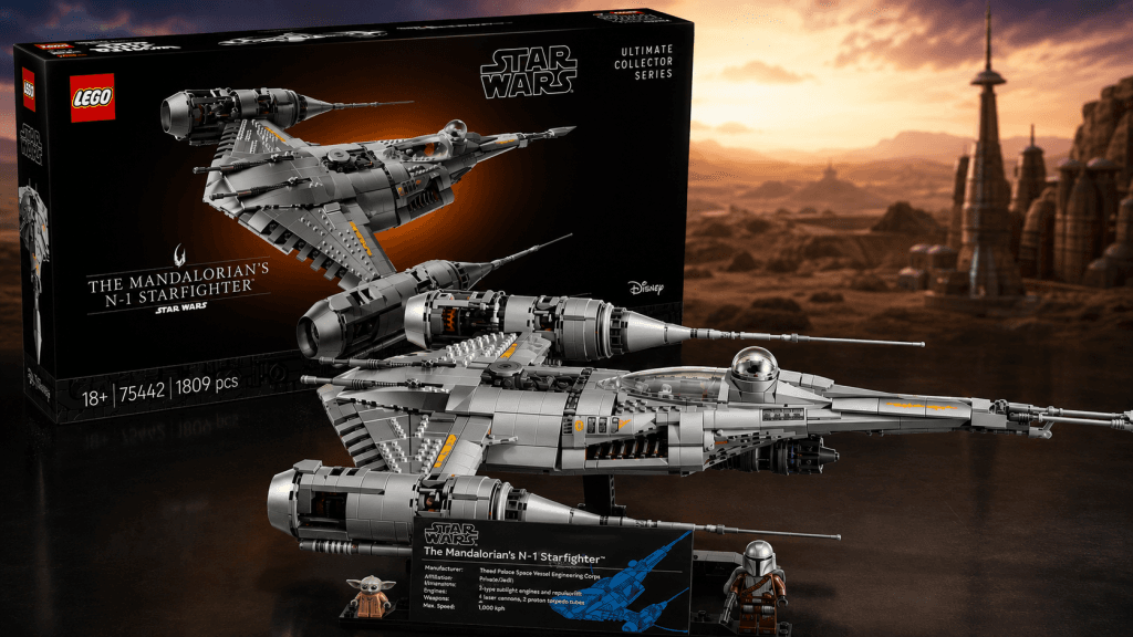 LEGO Star Wars UCS 75442 Caza Estelar N-1 del Mandaloriano con caja y modelo sobre soporte