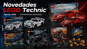 Collage con los seis nuevos sets LEGO Technic de agosto de 2026: Ferrari 488 Pista, Dodge Viper GTS-R, Ford Mustang GT, Ducati Desmo450 MX Factory, Batmobile Tumbler y Máquinas Poderosas.