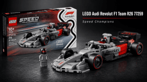 Imagen principal del LEGO Audi Revolut F1 Team R26 77259 de Speed Champions con la caja, el monoplaza de Fórmula 1 y la minifigura del piloto.