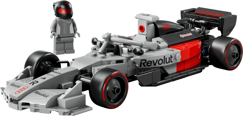 Vista delantera del LEGO Audi Revolut F1 Team R26 77259 con minifigura de piloto