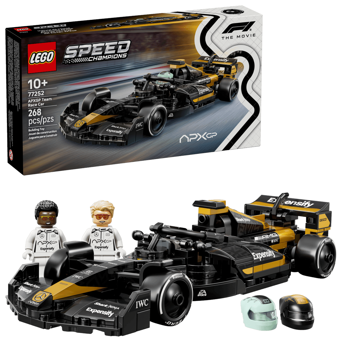 LEGO APXGP 77252 con el monoplaza, la caja del set, las minifiguras de Sonny Hayes y Joshua Pearce y sus cascos.