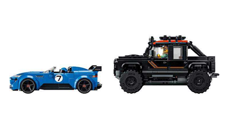 Jaguar Project 7 y Land Rover Defender de LEGO Speed Champions vistos de perfil