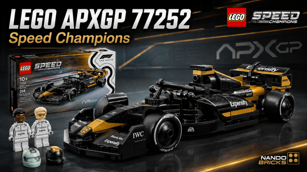 LEGO APXGP 77252 Speed Champions con la caja del set, el monoplaza negro y dorado APXGP, las minifiguras de Sonny Hayes y Joshua Pearce y sus cascos.