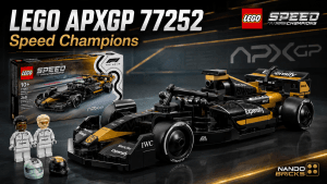 LEGO APXGP 77252 Speed Champions con la caja del set, el monoplaza negro y dorado APXGP, las minifiguras de Sonny Hayes y Joshua Pearce y sus cascos.
