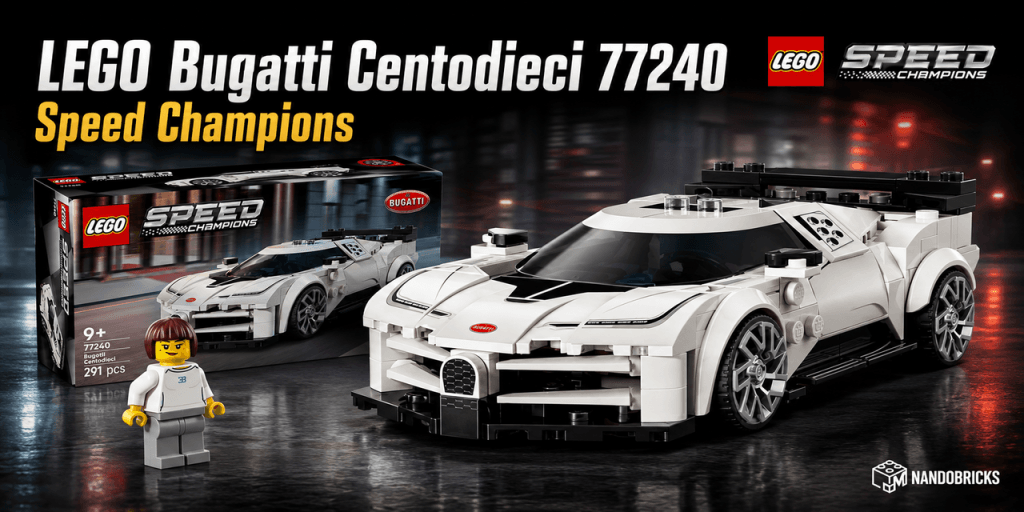 LEGO Speed Champions Bugatti Centodieci 77240 con el coche blanco, la caja del set y la minifigura de conductor
