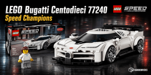 LEGO Speed Champions Bugatti Centodieci 77240 con el coche blanco, la caja del set y la minifigura de conductor
