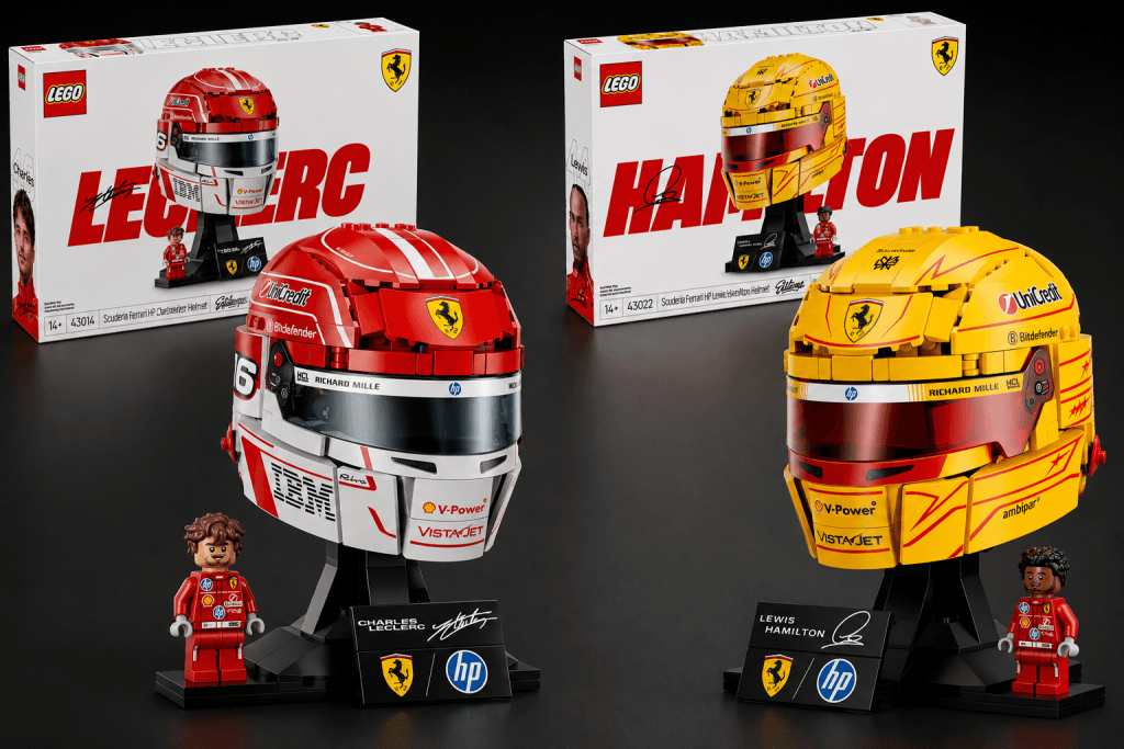Cascos LEGO Ferrari F1 de Charles Leclerc y Lewis Hamilton con cajas, minifiguras y base de exposición