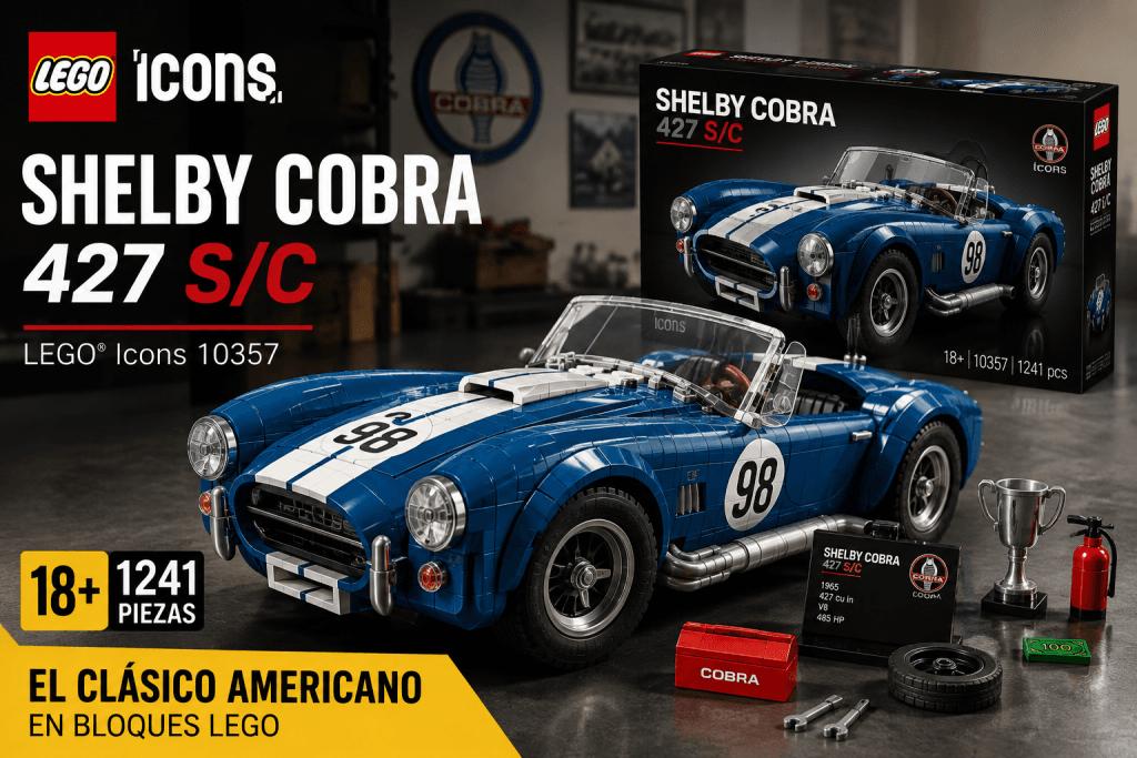 LEGO Icons Shelby Cobra 427 S/C 10357 en color azul con franjas blancas, junto a la caja del set y accesorios de exposición