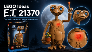 LEGO Ideas E.T. 21370 con la figura articulada, la caja del set y detalles del corazón luminoso.