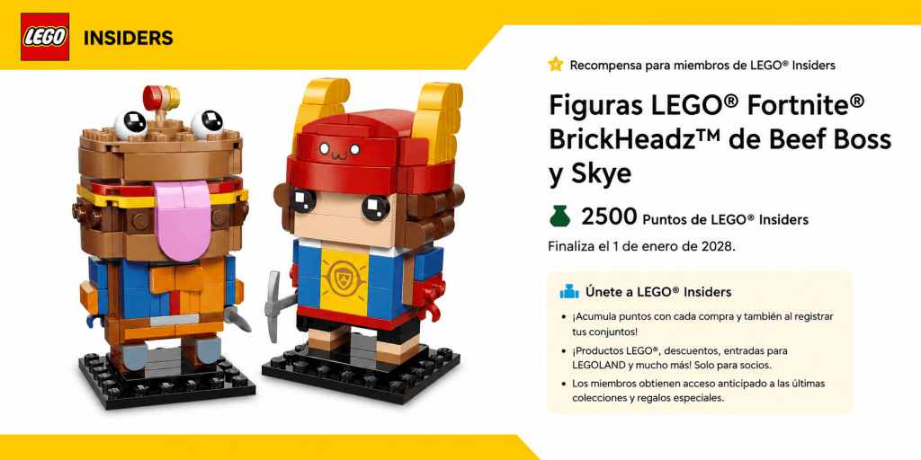 Recompensa física de LEGO Insiders con figuras Fortnite BrickHeadz como ejemplo del nuevo sistema de canje