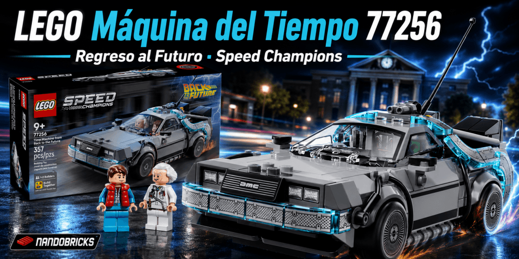 LEGO Máquina del Tiempo de Regreso al Futuro 77256 de Speed Champions con Marty McFly, Doc Brown y la caja del set