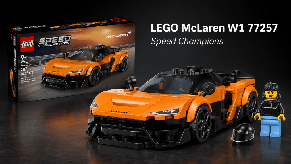 LEGO McLaren W1 77257 Speed Champions con la caja, el superdeportivo naranja, la minifigura de piloto y el casco.