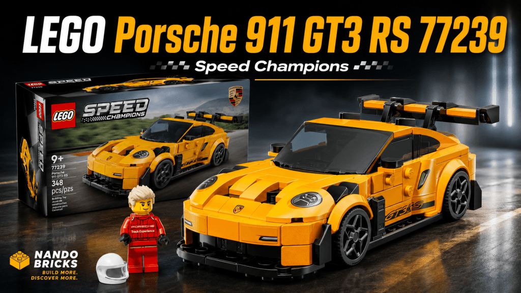 Caja y modelo montado del LEGO Speed Champions Porsche 911 GT3 RS Superdeportivo 77239 con minifigura de conductor