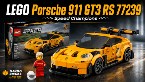 Caja y modelo montado del LEGO Speed Champions Porsche 911 GT3 RS Superdeportivo 77239 con minifigura de conductor
