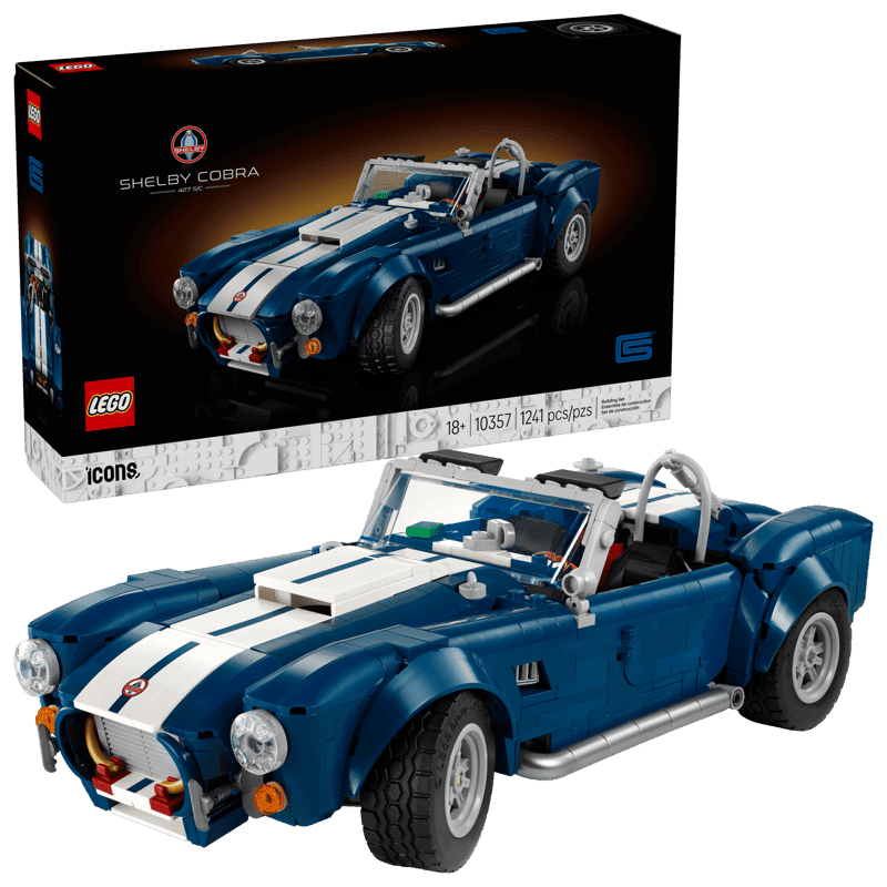 LEGO Icons Shelby Cobra 427 S/C 10357 con el modelo y la caja del set