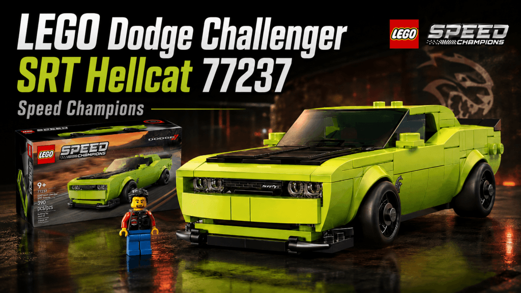 LEGO Speed Champions 77237 Dodge Challenger SRT Hellcat con la caja del set y el coche construido en color verde lima