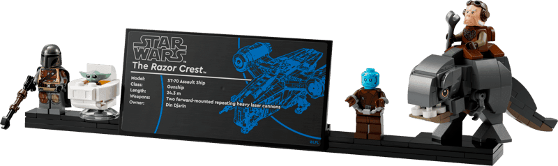 Personajes y placa de exposición del LEGO Star Wars UCS Razor Crest 75331