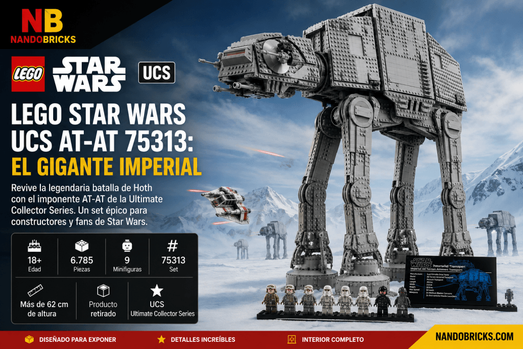 LEGO Star Wars UCS AT-AT 75313 en la batalla de Hoth con minifiguras y placa de exposición