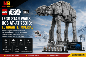 LEGO Star Wars UCS AT-AT 75313 en la batalla de Hoth con minifiguras y placa de exposición