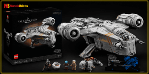 LEGO Star Wars UCS Razor Crest 75331 con la nave de The Mandalorian sobre una base de exposición
