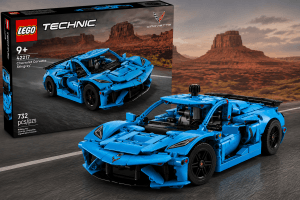 LEGO Technic 42217 Chevrolet Corvette Stingray Azul con caja y modelo en carretera