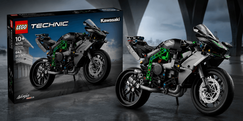 Caja y moto del set LEGO Technic Kawasaki Ninja H2R 42170 en color negro, gris y verde
