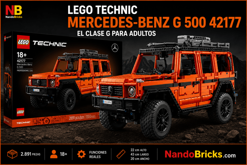 LEGO Technic Mercedes-Benz G 500 PROFESSIONAL Line 42177 en color naranja, con la caja del set al fondo sobre fondo oscuro