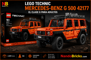 LEGO Technic Mercedes-Benz G 500 PROFESSIONAL Line 42177 en color naranja, con la caja del set al fondo sobre fondo oscuro