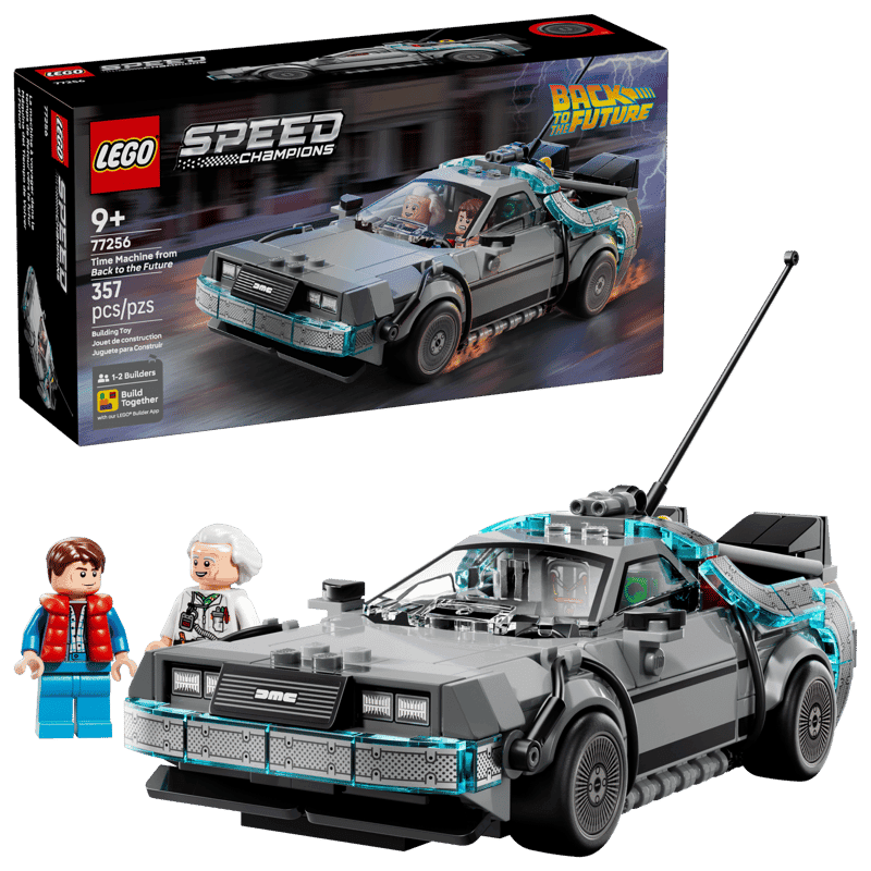 Caja, coche y minifiguras del LEGO Máquina del Tiempo de Regreso al Futuro 77256