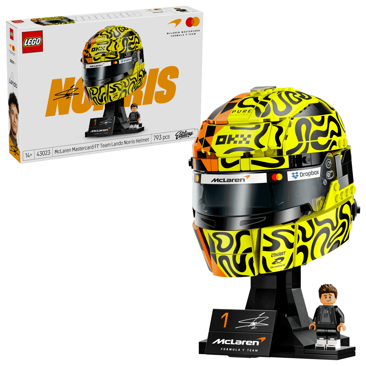 LEGO Editions 43023 casco de Lando Norris con modelo de exposición