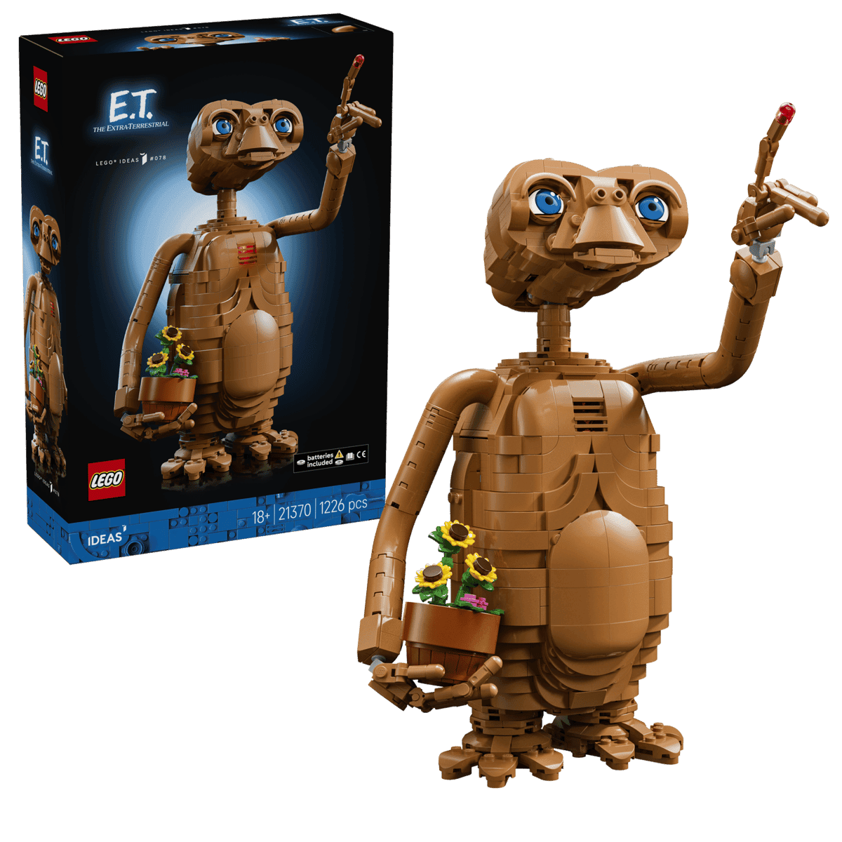 LEGO Ideas E.T. 21370 con la figura construible, la maceta de flores y la caja del set