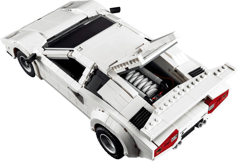 Motor V12 del LEGO Icons Lamborghini Countach 5000 Quattrovalvole 10337 con el capó abierto