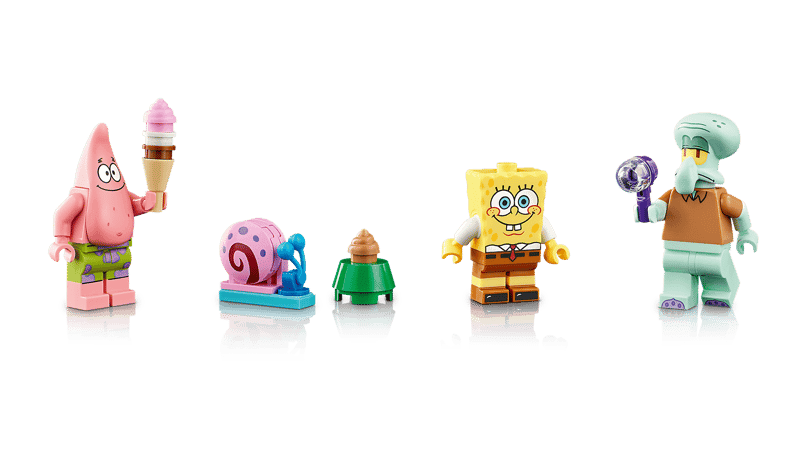 Grietas en minifiguras LEGO: Patricio del set Fondo de Bikini 11386 junto a Bob Esponja, Gary y Calamardo