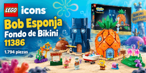 Imagen destacada del set LEGO Icons Bob Esponja Fondo de Bikini 11386 con la casa piña, la casa de Calamardo y sus personajes