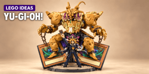 Ilustración de un modelo de bricks inspirado en Exodia y Yugi sobre cartas de duelo para la noticia del concurso LEGO Ideas Yu-Gi-Oh!