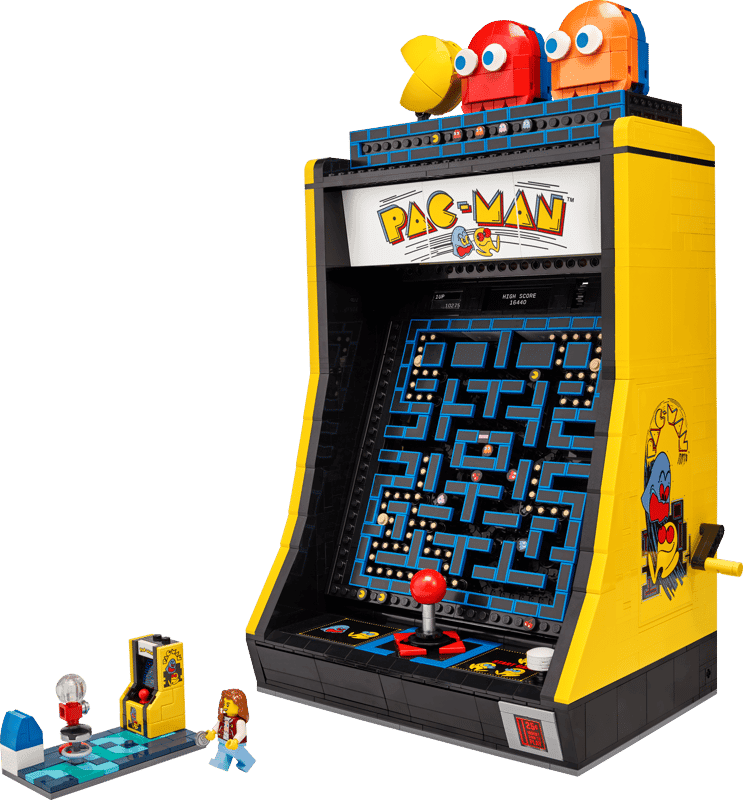 Máquina recreativa LEGO PAC-MAN 10323 con joystick, laberinto, personajes y escena arcade