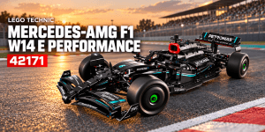 LEGO Technic Mercedes‑AMG F1 W14 E Performance 42171 sobre un circuito de Fórmula 1