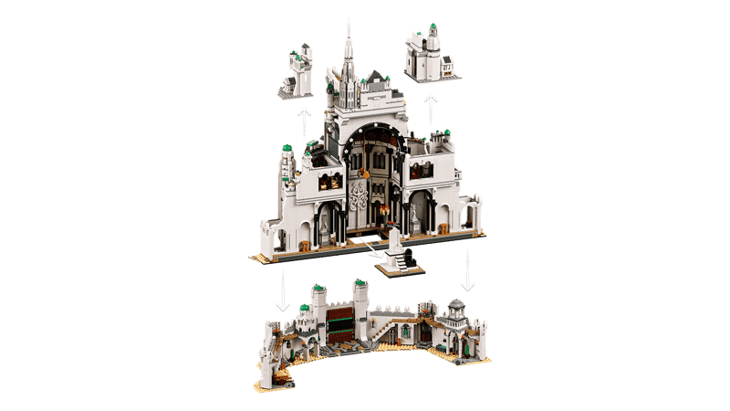 Vista seccionada del LEGO Minas Tirith 11377 con diferentes niveles e interiores